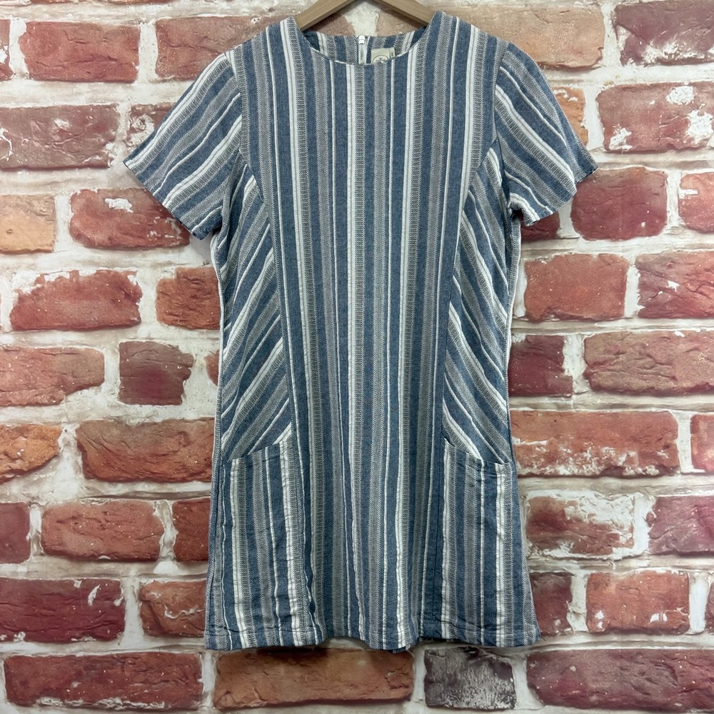 Anthropologie Paper Crane Dress Women's L Blue Striped Linen Blend Casual